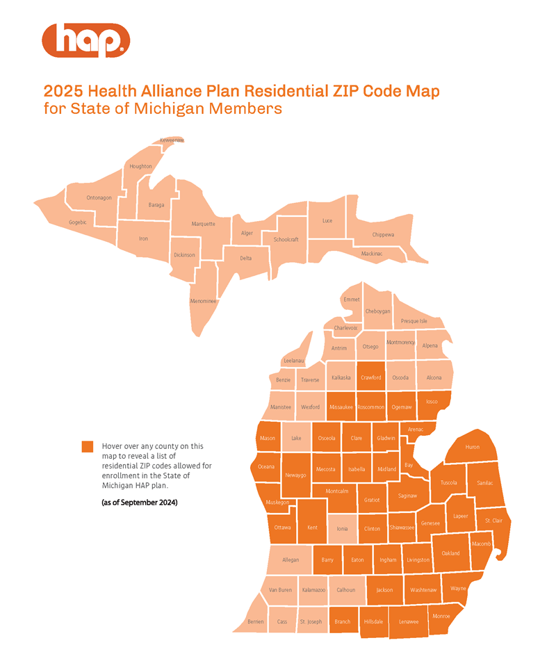 2025 HAP State of Michigan HMO 43 county Service Area MAP